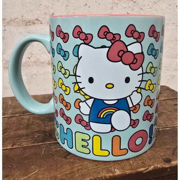 Hello Kitty Ceramic Mug Multi-Colored Bow Print Pastel Blue Pink Interior - Picture 3 of 7